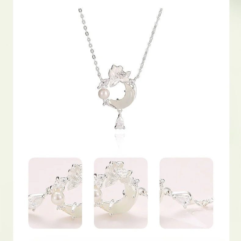 Romantic Jade Stone Pendants - 925 Silver Hetian Moon Lotus Necklace | STAR8S - STAR8S