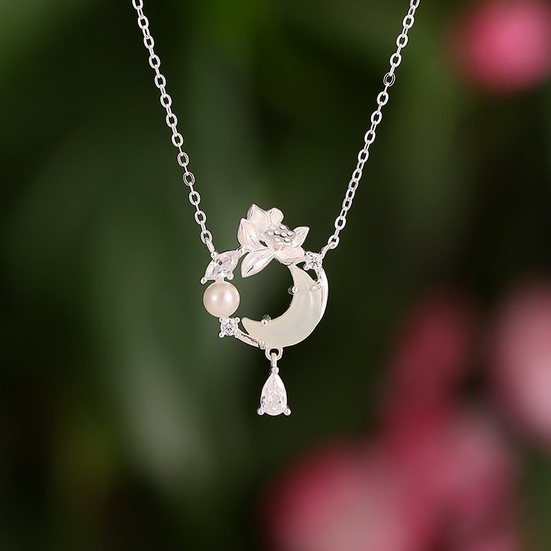 Romantic Jade Stone Pendants - 925 Silver Hetian Moon Lotus Necklace | STAR8S