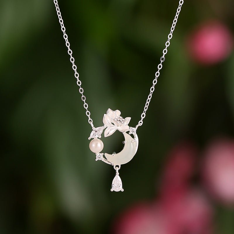 Romantic Jade Stone Pendants - 925 Silver Hetian Moon Lotus Necklace | STAR8S