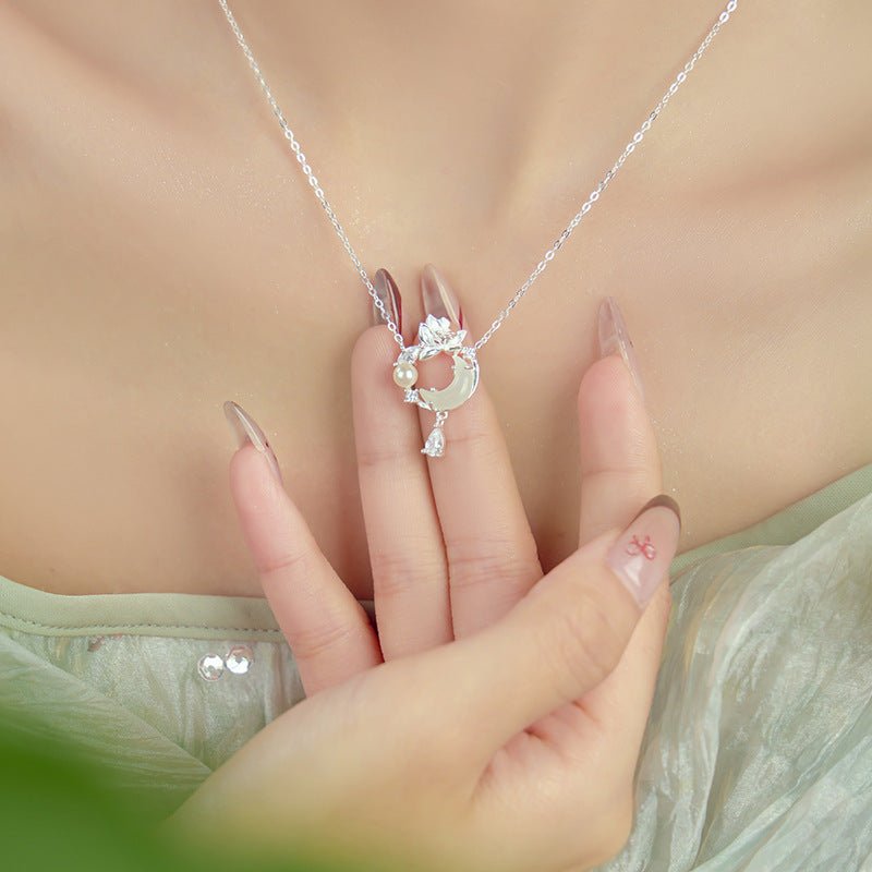 Romantic Jade Stone Pendants - 925 Silver Hetian Moon Lotus Necklace | STAR8S