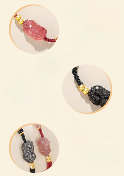 Romantic & Lucky Pixu Bracelet: 925 Silver Obsidian Strawberry Crystal | STAR8S - STAR8S