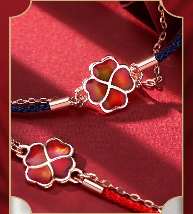 S925 Silver Four - Leaf Clover Double Layer Bracelet – Heat - Sensitive Color - Changing Red String Bracelet with Lucky Charm - STAR8S