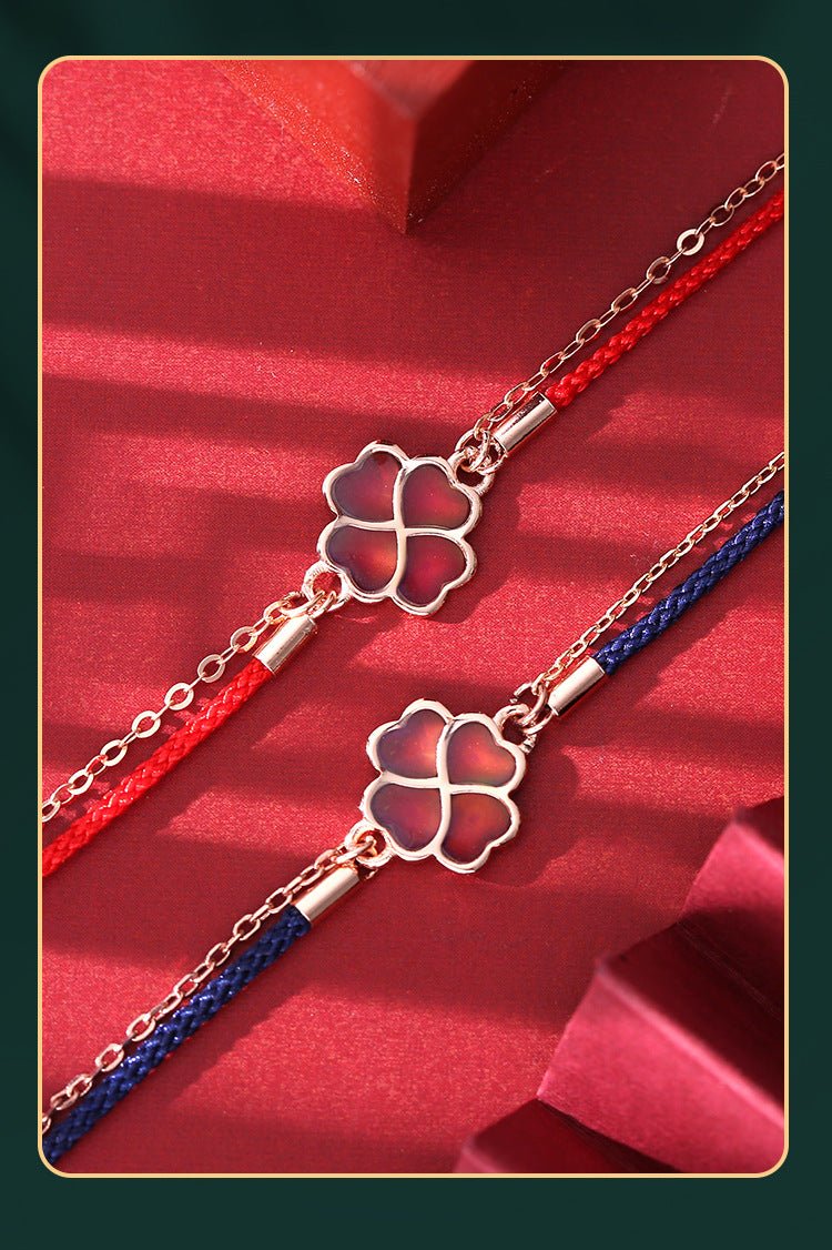 S925 Silver Four - Leaf Clover Double Layer Bracelet – Heat - Sensitive Color - Changing Red String Bracelet with Lucky Charm - STAR8S