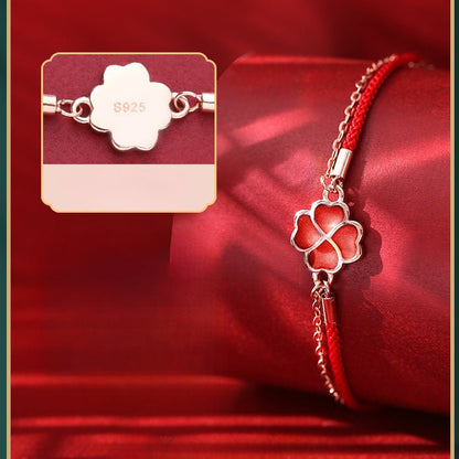 S925 Silver Four - Leaf Clover Double Layer Bracelet – Heat - Sensitive Color - Changing Red String Bracelet with Lucky Charm - STAR8S