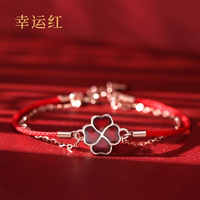 S925 Silver Four - Leaf Clover Double Layer Bracelet – Heat - Sensitive Color - Changing Red String Bracelet with Lucky Charm - STAR8S