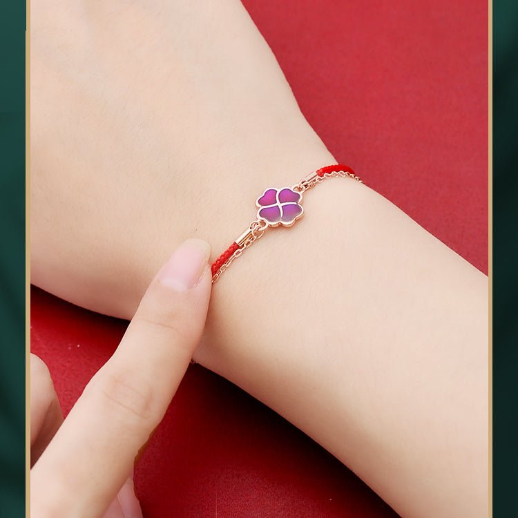 S925 Silver Four - Leaf Clover Double Layer Bracelet – Heat - Sensitive Color - Changing Red String Bracelet with Lucky Charm - STAR8S