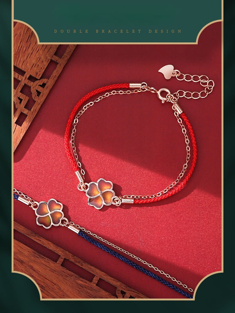 S925 Silver Four - Leaf Clover Double Layer Bracelet – Heat - Sensitive Color - Changing Red String Bracelet with Lucky Charm - STAR8S