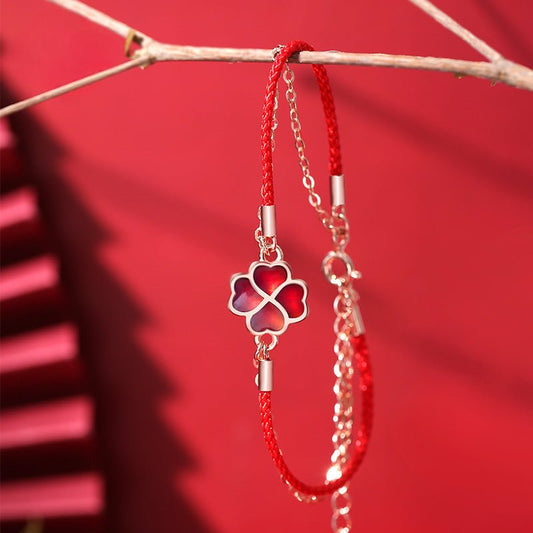 S925 Silver Four - Leaf Clover Double Layer Bracelet – Heat - Sensitive Color - Changing Red String Bracelet with Lucky Charm - STAR8S