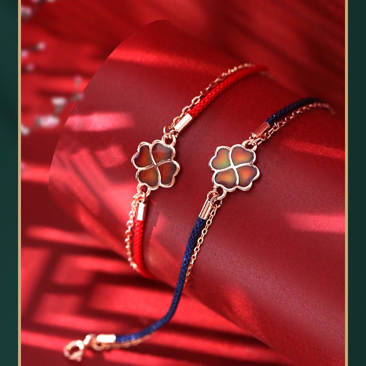 S925 Silver Four - Leaf Clover Double Layer Bracelet – Heat - Sensitive Color - Changing Red String Bracelet with Lucky Charm - STAR8S