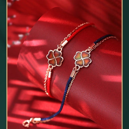 S925 Silver Four - Leaf Clover Double Layer Bracelet – Heat - Sensitive Color - Changing Red String Bracelet with Lucky Charm - STAR8S