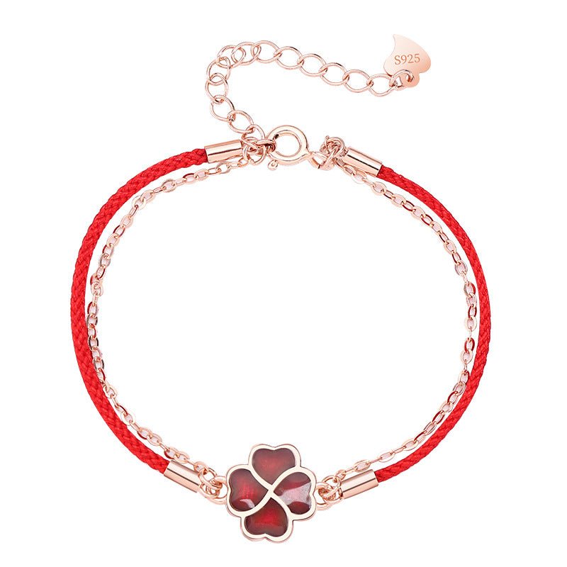 S925 Silver Four - Leaf Clover Double Layer Bracelet – Heat - Sensitive Color - Changing Red String Bracelet with Lucky Charm - STAR8S