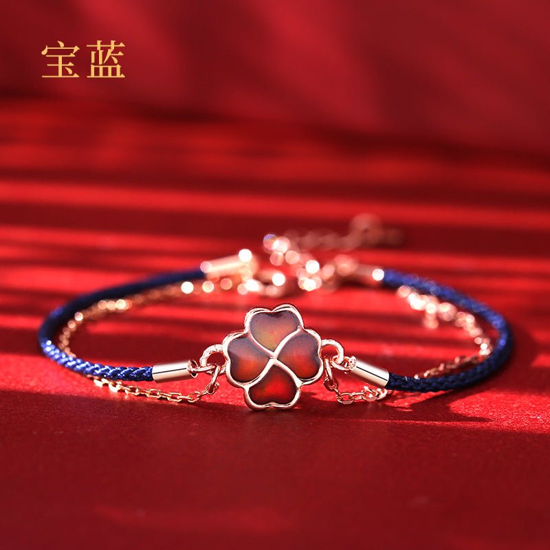 s925 silver four - leaf clover double layer bracelet – heat - sensitive color - changing red string bracelet with lucky charm - star8s