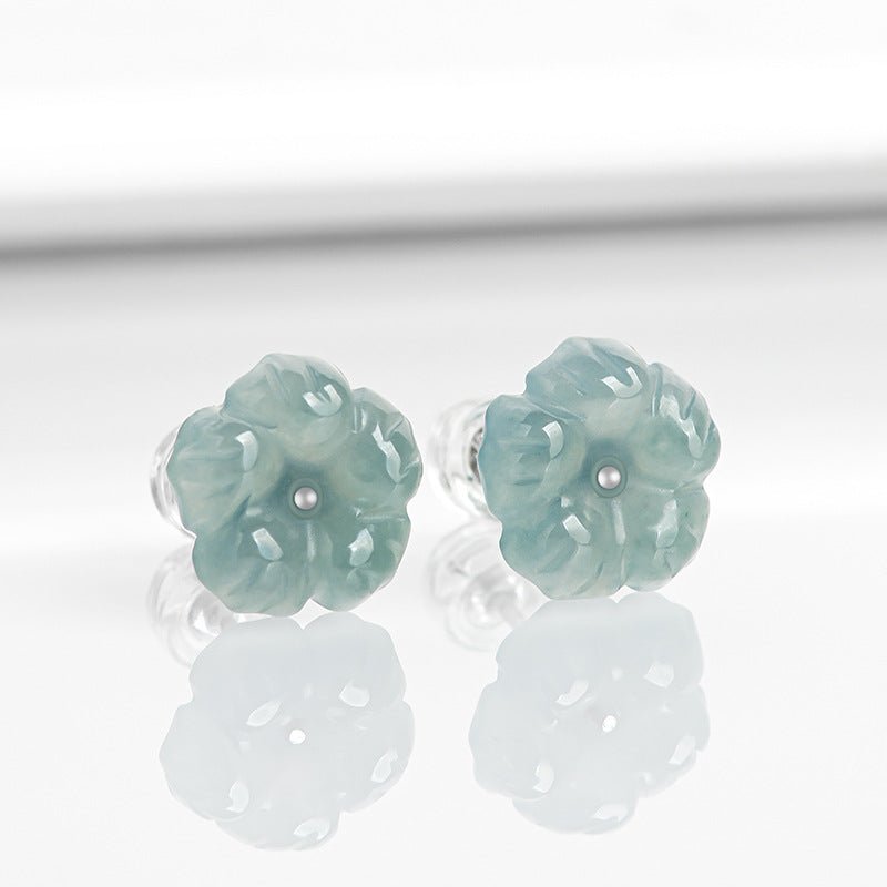 S925 Silver Inlaid Natural Jade Blue Water Peach Blossom Stud Earrings | Ice Jade Floral Earrings for Women – High - End Fashion Jewelry - STAR8S