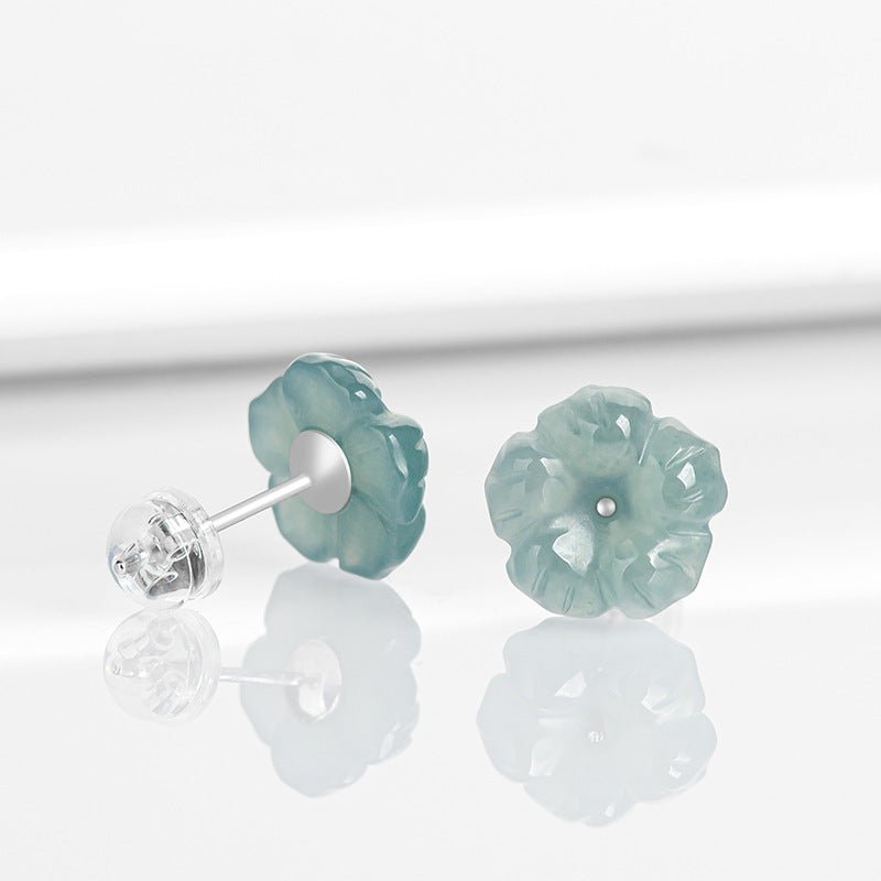 S925 Silver Inlaid Natural Jade Blue Water Peach Blossom Stud Earrings | Ice Jade Floral Earrings for Women – High - End Fashion Jewelry - STAR8S