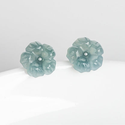 S925 Silver Inlaid Natural Jade Blue Water Peach Blossom Stud Earrings | Ice Jade Floral Earrings for Women – High - End Fashion Jewelry - STAR8S