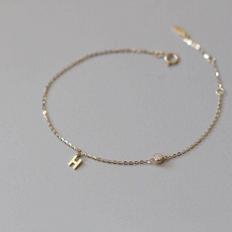 S925 Sterling Silver 14K Gold Plated H Letter Zircon Bracelet for Women – Mini Diamond Minimalist Charm - STAR8S
