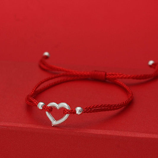 S999 Pure Silver Heart Bracelet | Handcrafted Red String Bracelet for Women & Couples - STAR8S