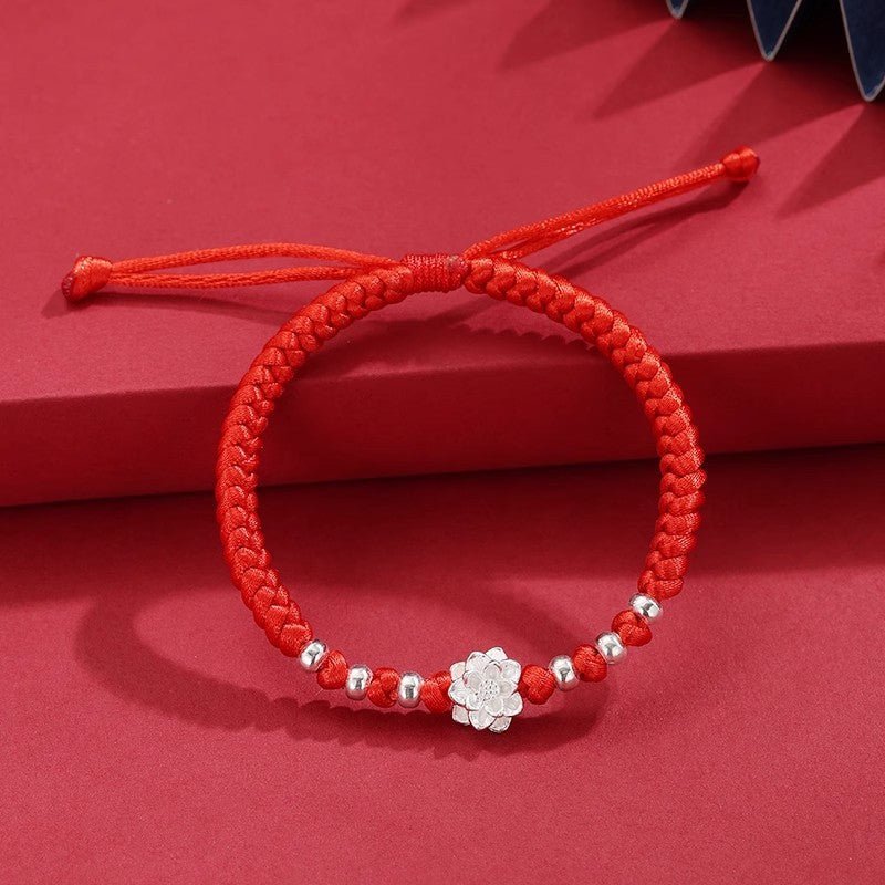 s999 pure silver lotus red string bracelet – adjustable handmade protection jewelry for women - star8s