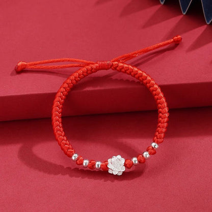 S999 Pure Silver Lotus Red String Bracelet – Adjustable Handmade Protection Jewelry for Women - STAR8S
