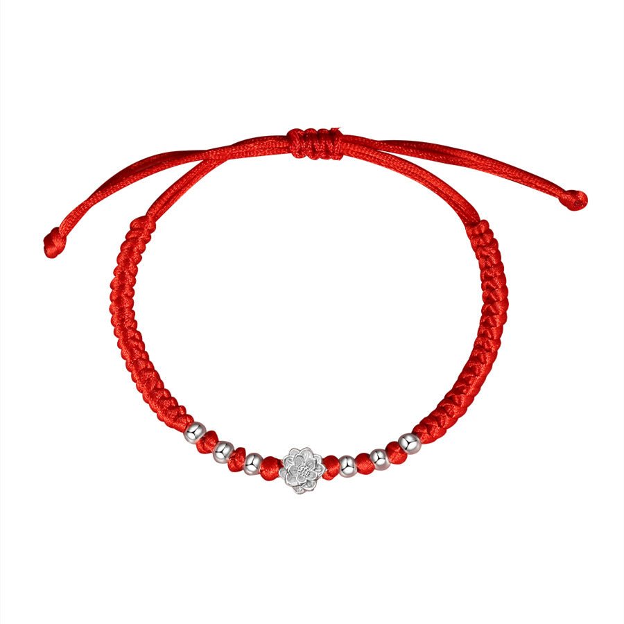 S999 Pure Silver Lotus Red String Bracelet – Adjustable Handmade Protection Jewelry for Women - STAR8S