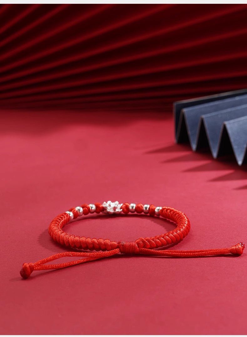 S999 Pure Silver Lotus Red String Bracelet – Adjustable Handmade Protection Jewelry for Women - STAR8S
