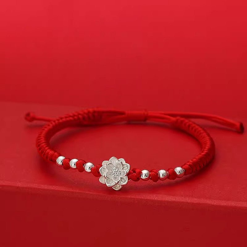 S999 Pure Silver Lotus Red String Bracelet – Adjustable Handmade Protection Jewelry for Women - STAR8S