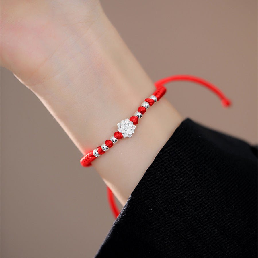 s999 pure silver lotus red string bracelet – adjustable handmade protection jewelry for women - star8s