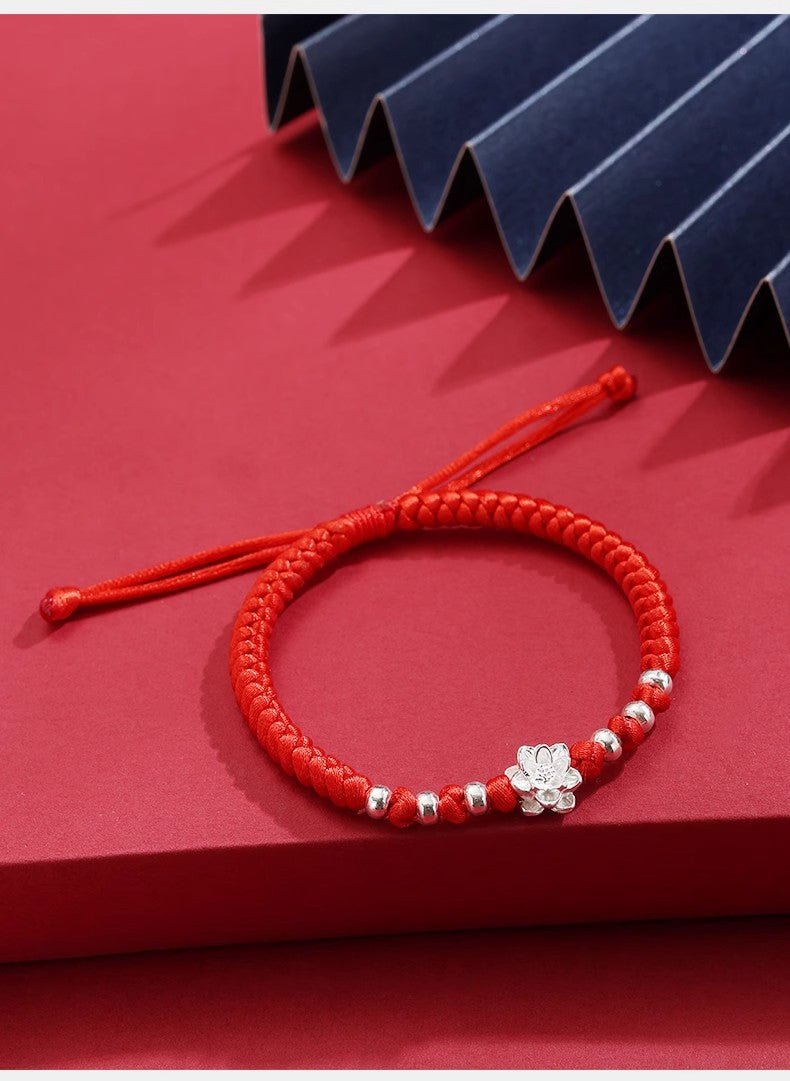 S999 Pure Silver Lotus Red String Bracelet – Adjustable Handmade Protection Jewelry for Women - STAR8S