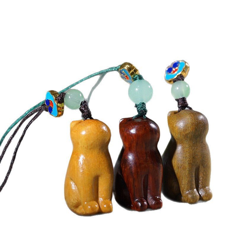 sandalwood carved sitting cat mobile pendant – creative chinese keychain & pendant for cat lovers - star8s