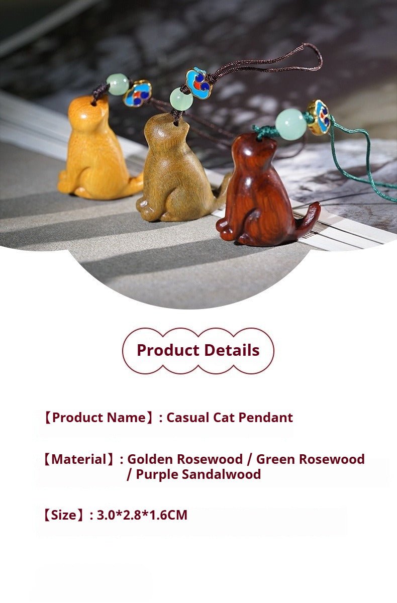 Sandalwood Carved Sitting Cat Mobile Pendant – Creative Chinese Keychain & Pendant for Cat Lovers - STAR8S