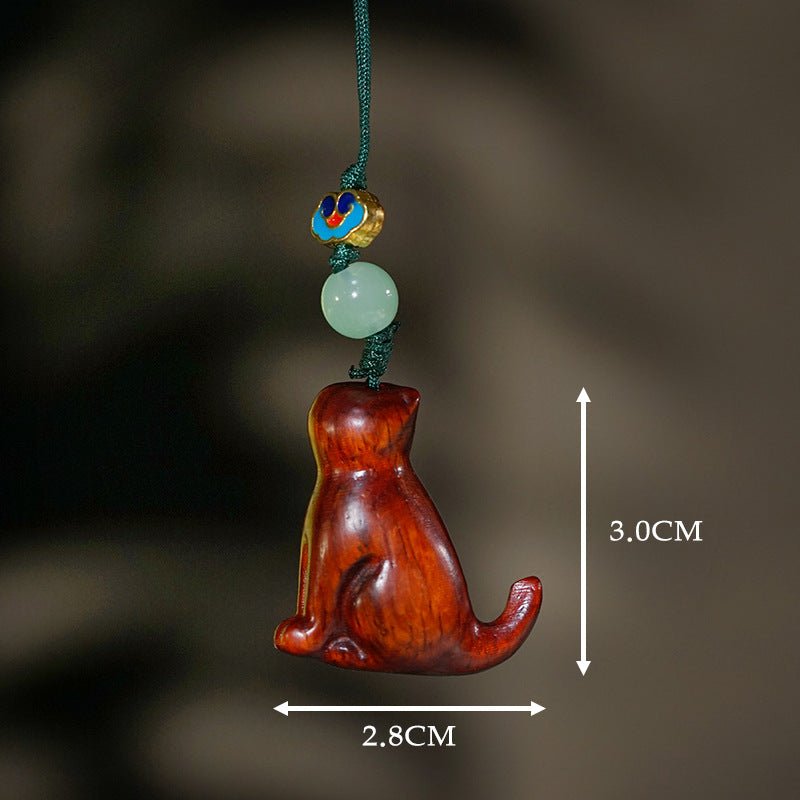 Sandalwood Carved Sitting Cat Mobile Pendant – Creative Chinese Keychain & Pendant for Cat Lovers - STAR8S