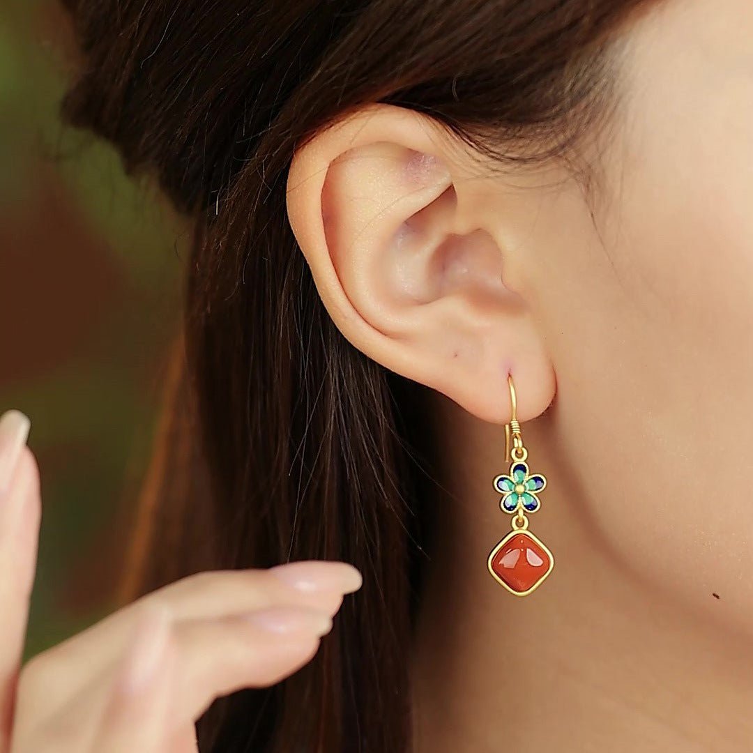 Silver Earrings: Enamel Petal + Nanjiang Red Agate | STAR8S