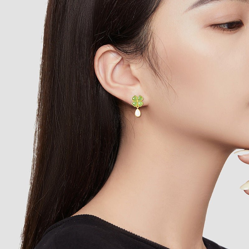 Sophisticated & Luxe Green Jade Earrings: 925 Silver Hetian Jade Spinach Green Clover | STAR8S
