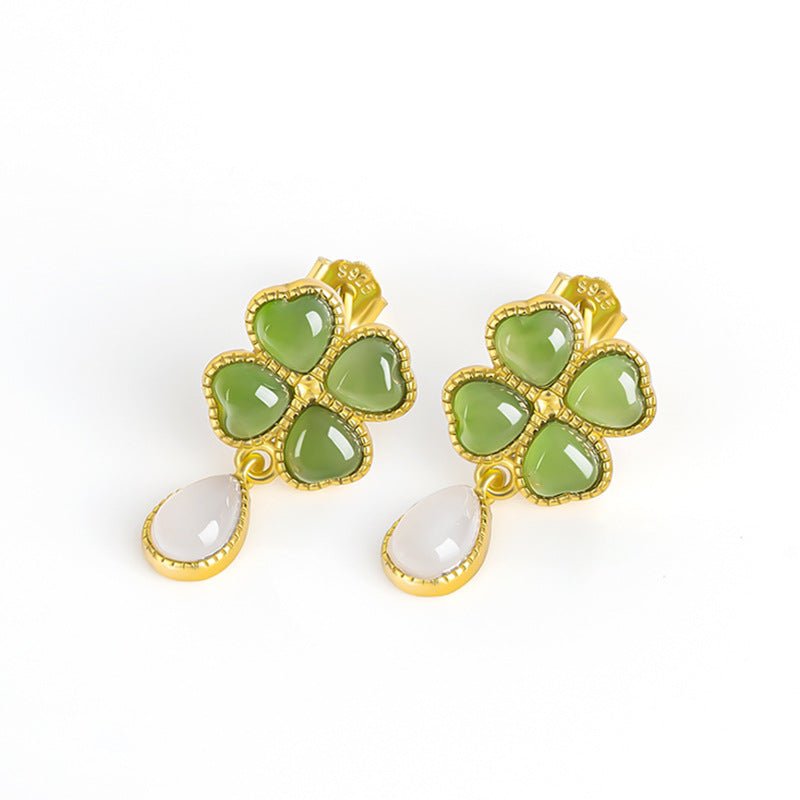 Sophisticated & Luxe Green Jade Earrings: 925 Silver Hetian Jade Spinach Green Clover | STAR8S