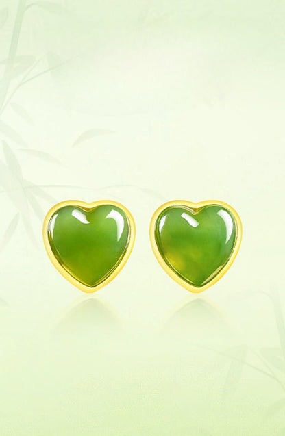 Spinach Green Natural Hetian Jade Heart Earrings - S925 Silver Setting with Minimalist Design - STAR8S