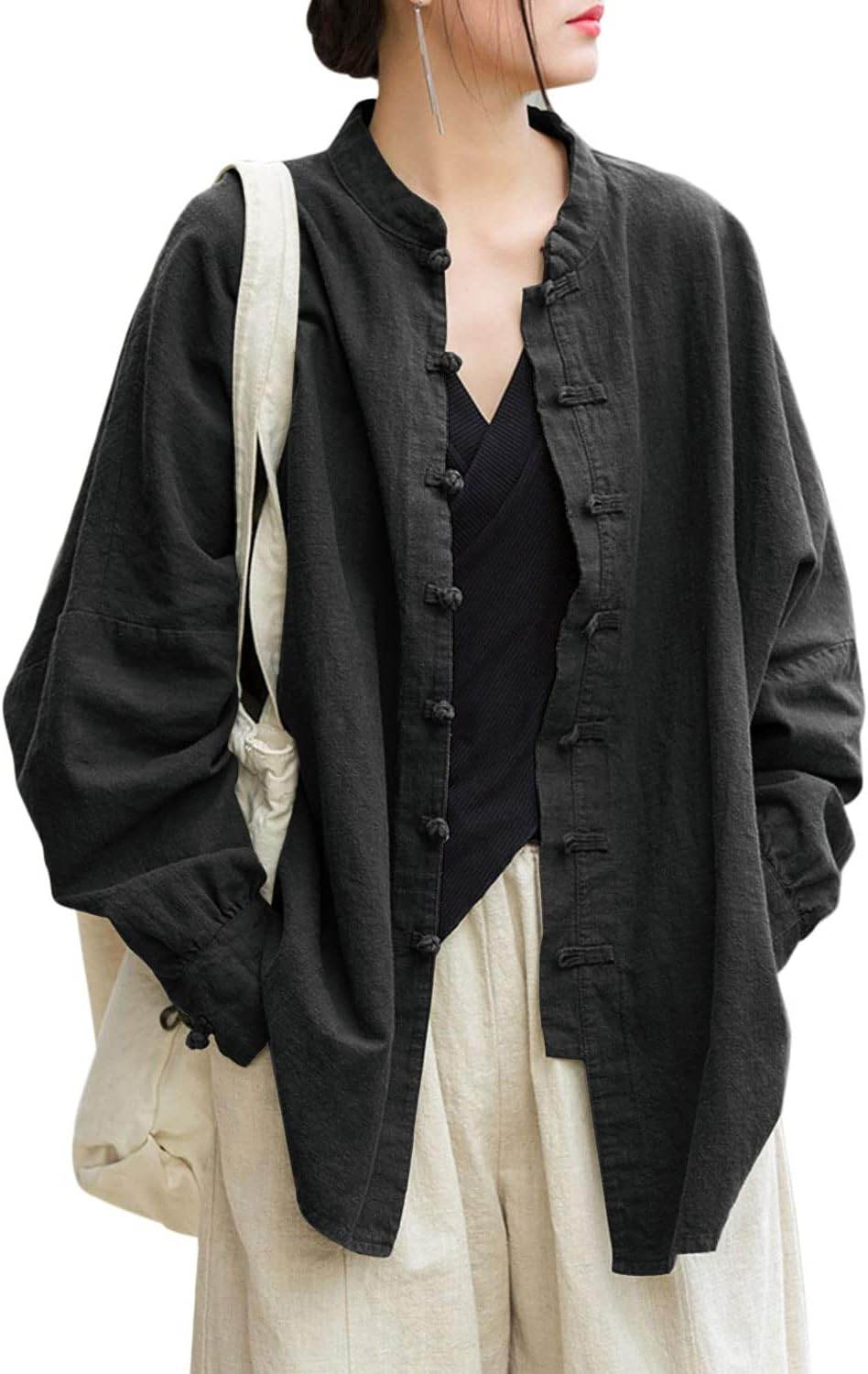 STAR8S Women's Linen Oversized Blouses Vintage Long Sleeve Jackets Loose fit Chinese Frog Shirts - STAR8S