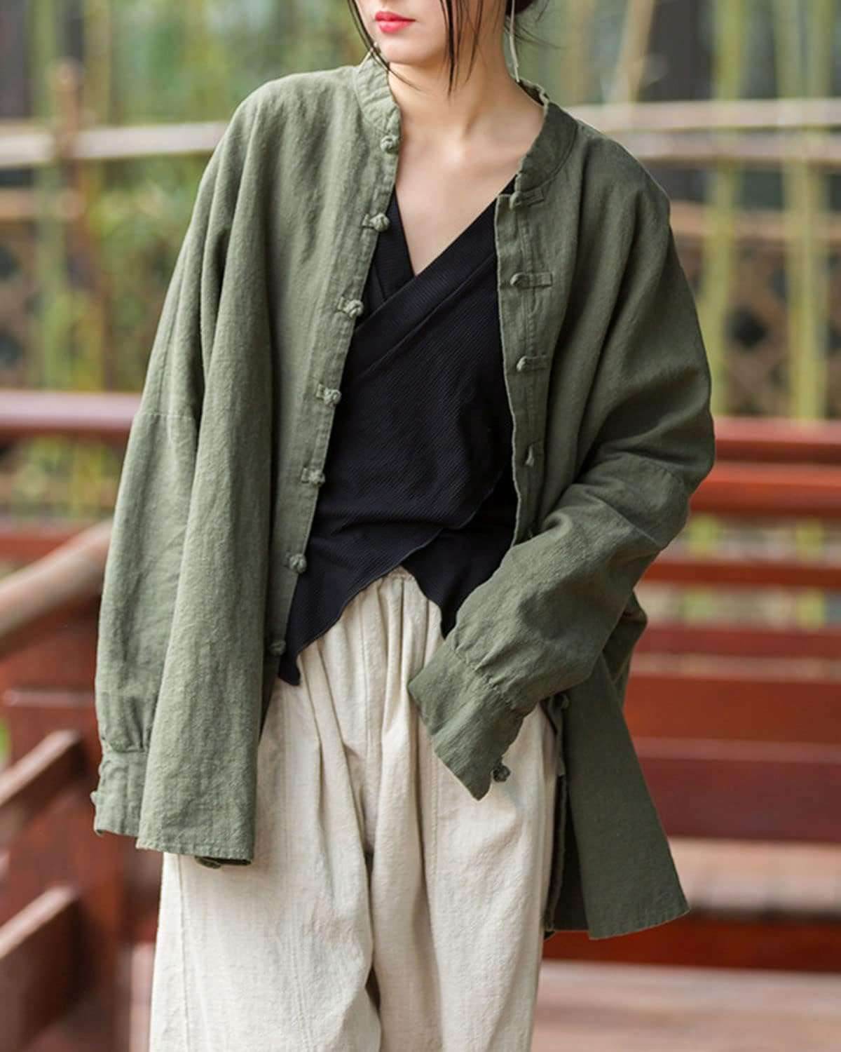 star8s women's linen oversized blouses vintage long sleeve jackets loose fit chinese frog shirts - star8s