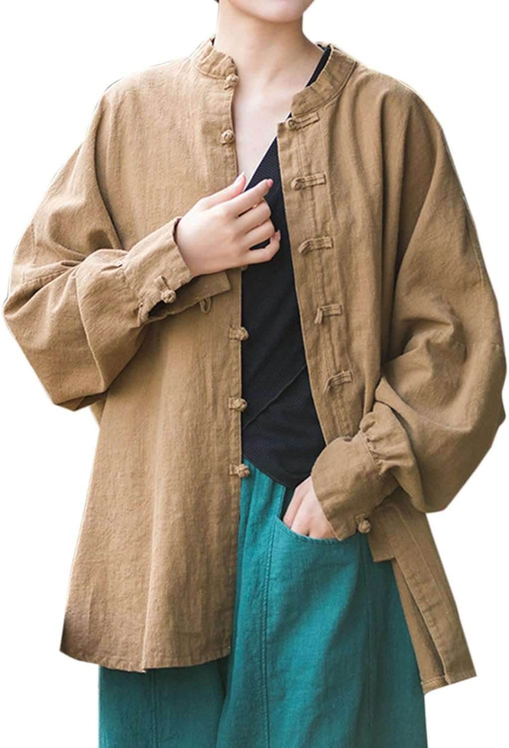 STAR8S Women's Linen Oversized Blouses Vintage Long Sleeve Jackets Loose fit Chinese Frog Shirts - STAR8S