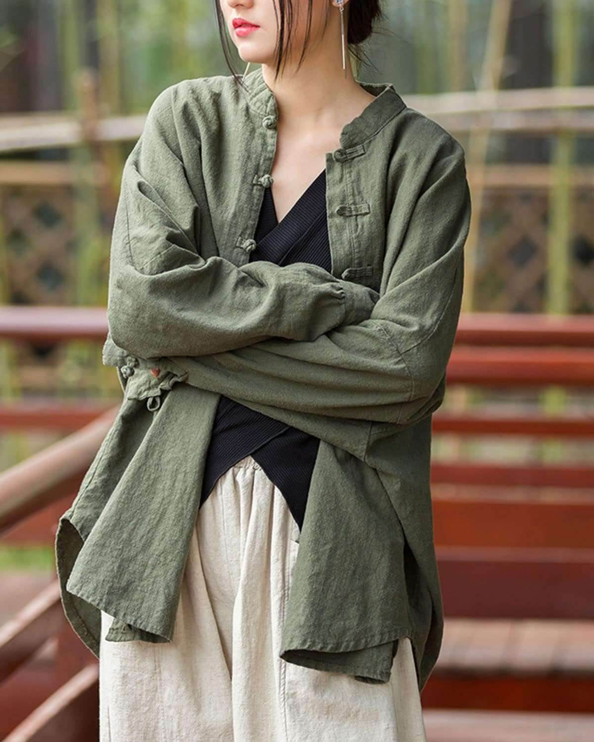 star8s women's linen oversized blouses vintage long sleeve jackets loose fit chinese frog shirts - star8s