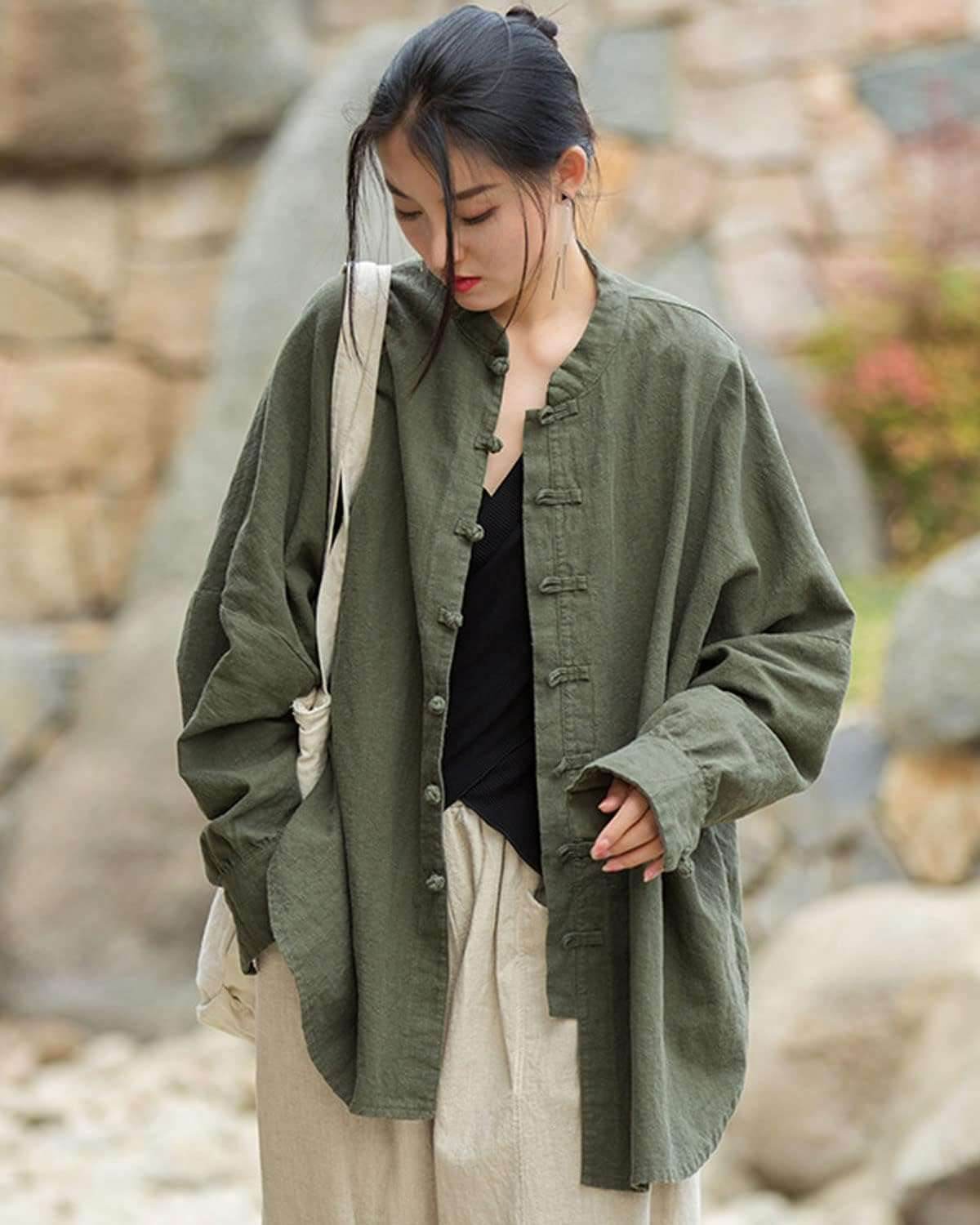 STAR8S Women's Linen Oversized Blouses Vintage Long Sleeve Jackets Loose fit Chinese Frog Shirts - STAR8S