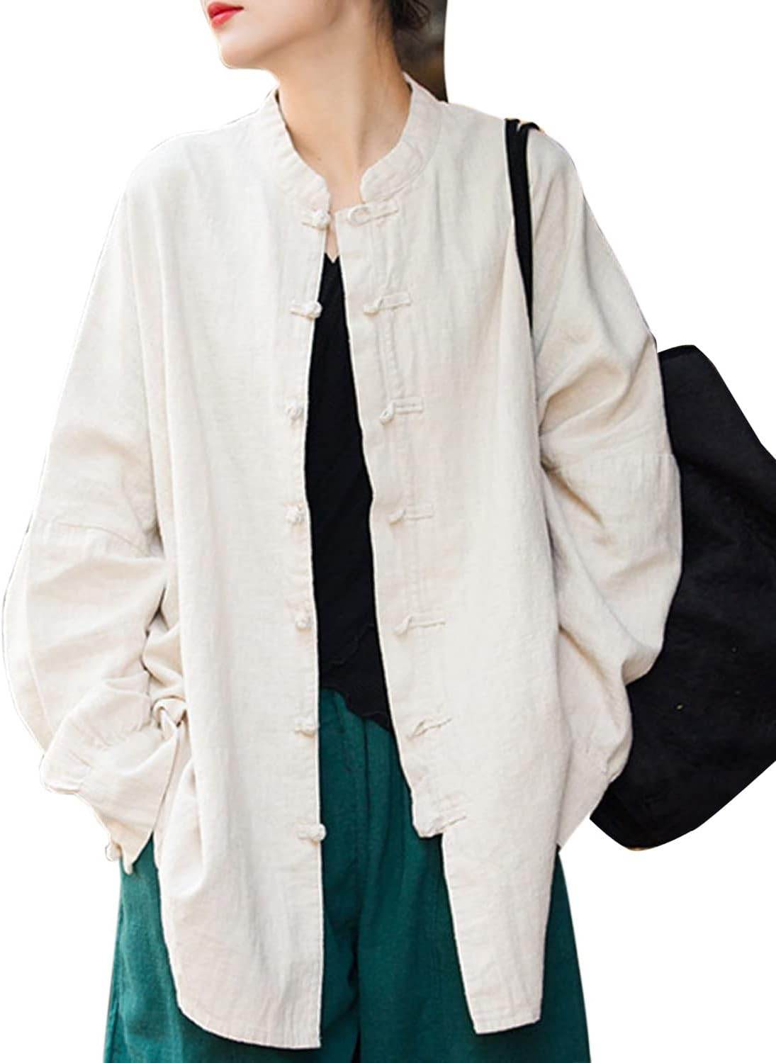 STAR8S Women's Linen Oversized Blouses Vintage Long Sleeve Jackets Loose fit Chinese Frog Shirts - STAR8S