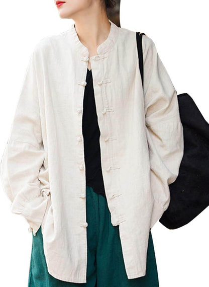 STAR8S Women's Linen Oversized Blouses Vintage Long Sleeve Jackets Loose fit Chinese Frog Shirts - STAR8S