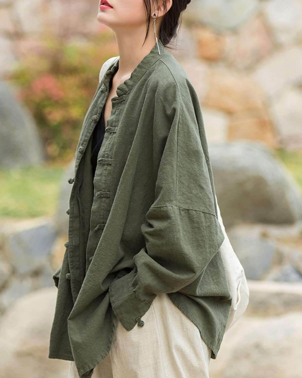STAR8S Women's Linen Oversized Blouses Vintage Long Sleeve Jackets Loose fit Chinese Frog Shirts - STAR8S