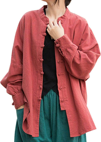 STAR8S Women's Linen Oversized Blouses Vintage Long Sleeve Jackets Loose fit Chinese Frog Shirts - STAR8S