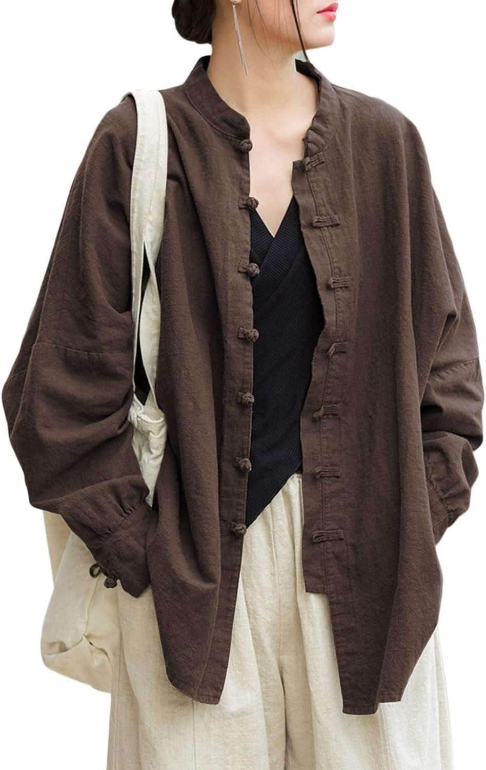 STAR8S Women's Linen Oversized Blouses Vintage Long Sleeve Jackets Loose fit Chinese Frog Shirts - STAR8S