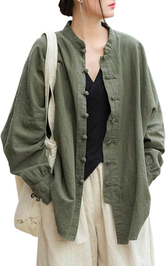 STAR8S Women's Linen Oversized Blouses Vintage Long Sleeve Jackets Loose fit Chinese Frog Shirts - STAR8S