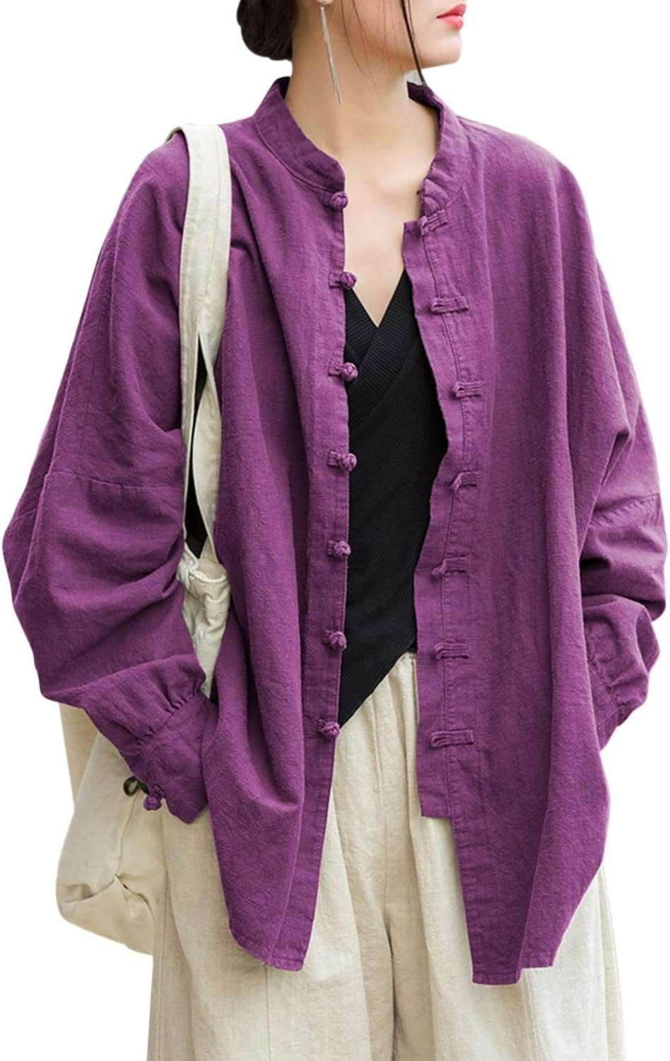 star8s women's linen oversized blouses vintage long sleeve jackets loose fit chinese frog shirts - star8s