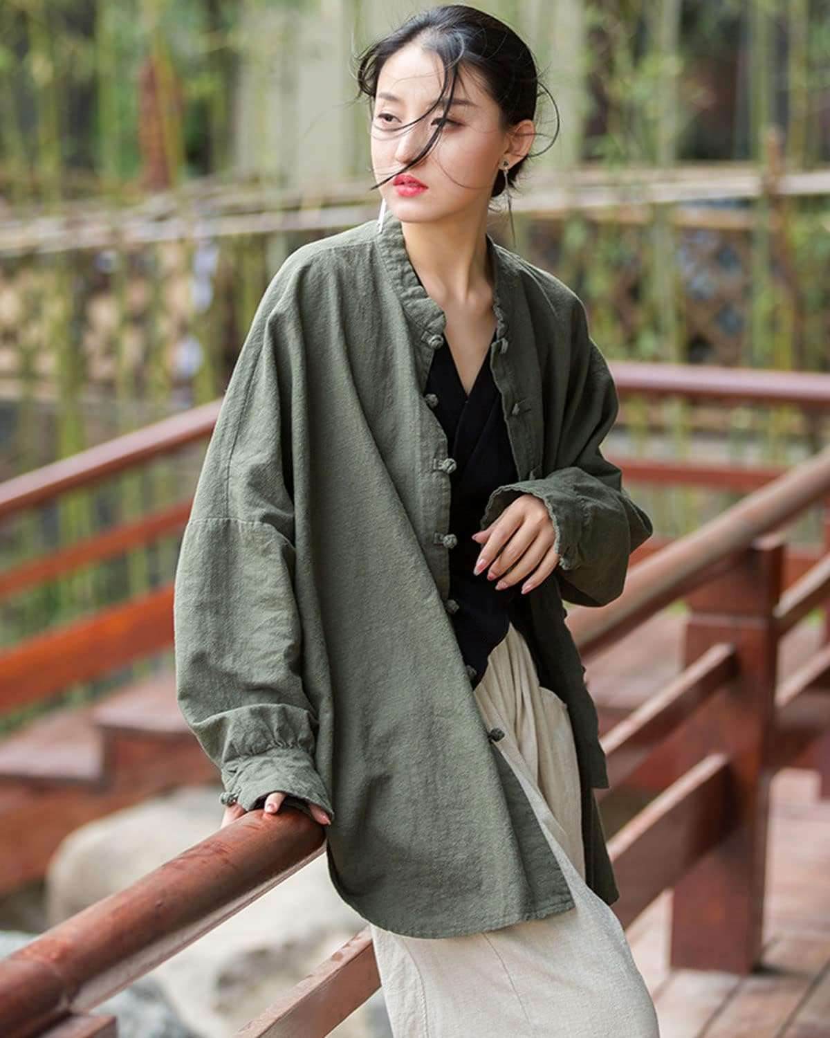 STAR8S Women's Linen Oversized Blouses Vintage Long Sleeve Jackets Loose fit Chinese Frog Shirts - STAR8S