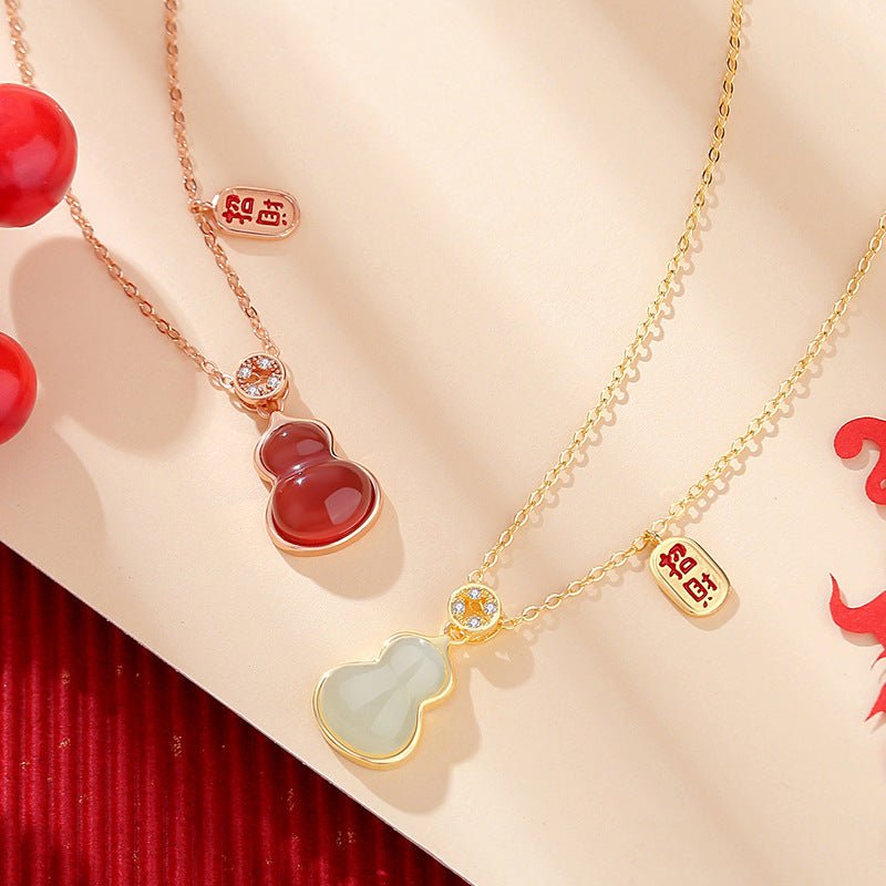 Stone Necklace - Chinese Gourd Pendant with Hetian Jade or Red Agate | STAR8S