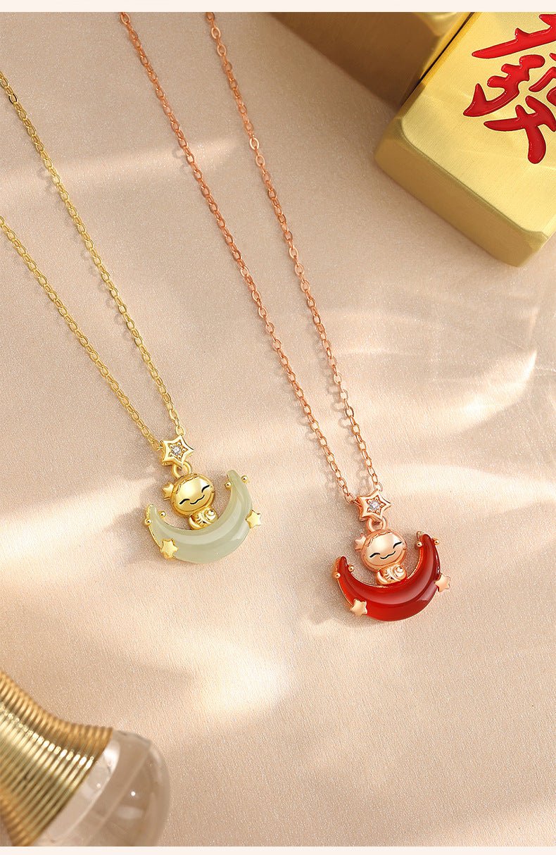 stone necklace - moon boat cute snake hetian & red agate | star8s